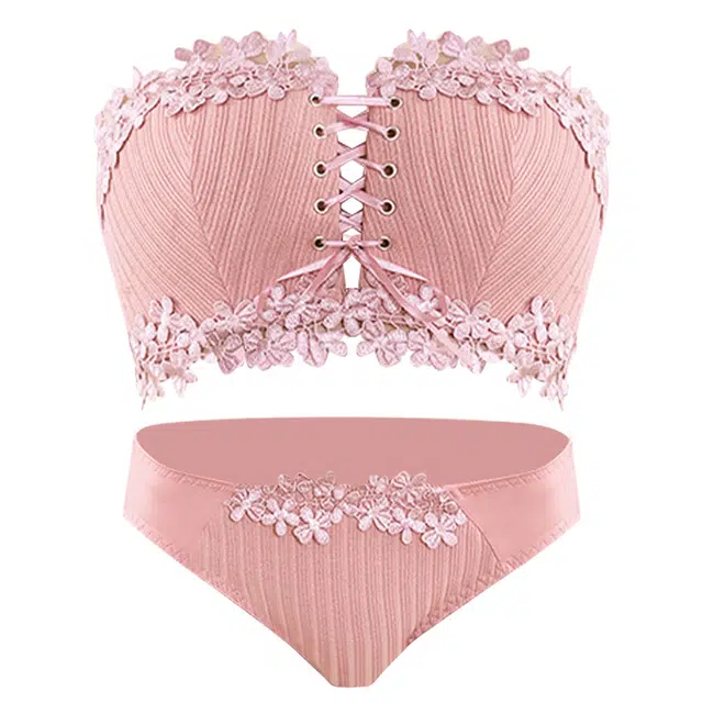 水中花 聚拢无钢圈性感蕾丝抹胸三角内裤内衣裤套装 女款 豆沙粉