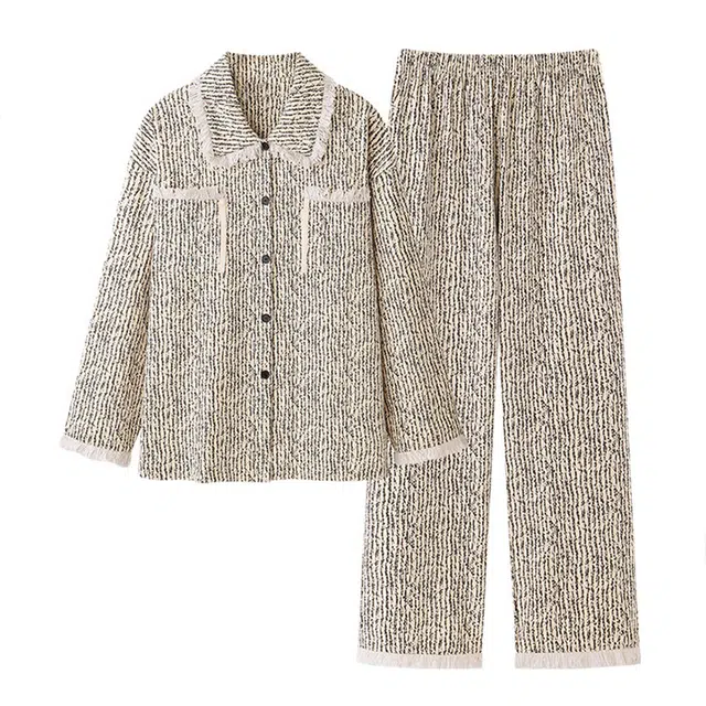 眠趣 家居服小香风公主风拼色条纹翻领开衫长袖长裤小清新舒适亲肤透气高级简约时尚学生宿舍居家睡衣套装 女款 春秋款