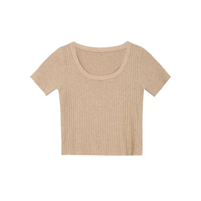 麓蔓蒂 复古简约圆领洋气坑条短款修身百搭显瘦短袖打底上衣针织衫 女款