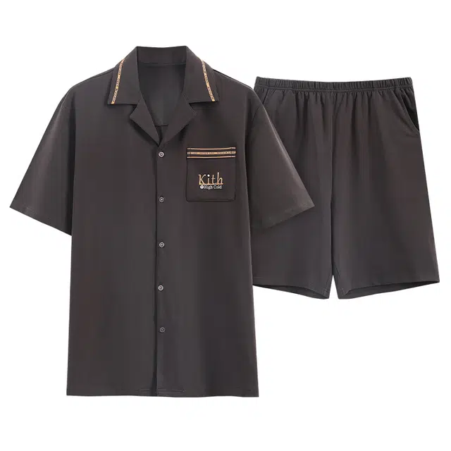 歌倩雅 纯色翻领短袖上衣松紧腰短裤简约睡衣套装 男款 深灰色