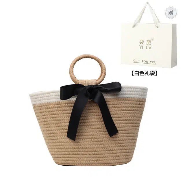 奕旅 手工编织包包女新款潮民族风草编包森系大容量托特包菜篮子包 草 手拿包 常规 女款 黑色/咖啡色