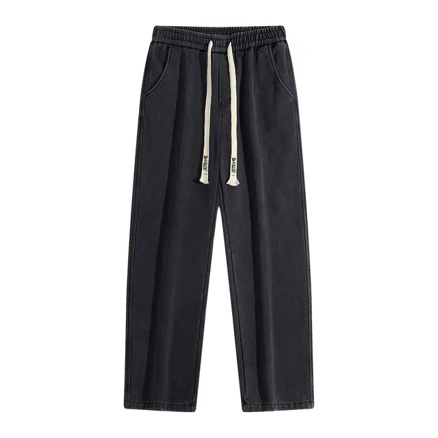 雅鹿 复古水洗做旧直筒纯色系带牛仔裤 男女同款