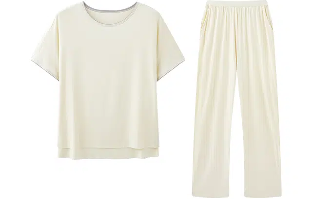 宫蝶 圆领套头舒适短袖上衣纯色中腰长裤睡衣套装 女款