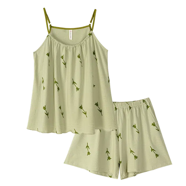 歌倩雅 圆领满印简约上衣透气凉感下衣睡衣套装 女款 绿色