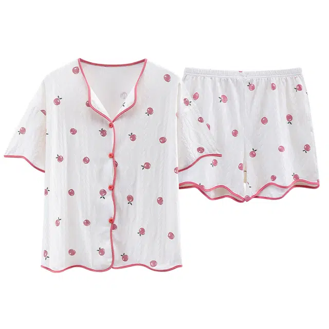 睦隆世家 外穿短袖翻领短裤甜美睡衣套装 女款 白色