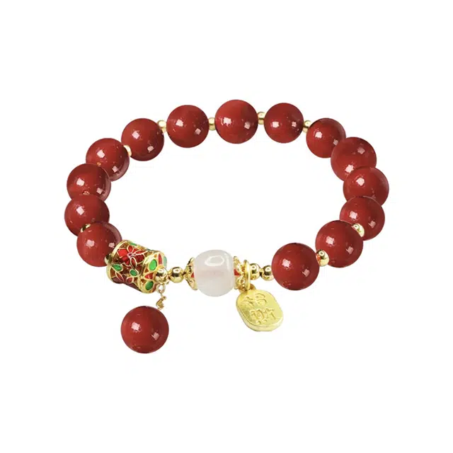 琉堇 中式招财纳福红色佛珠 国风转运珠 开运串珠 民族风珐琅鼓念珠 再造辰砂朱砂 玉石手串 女款