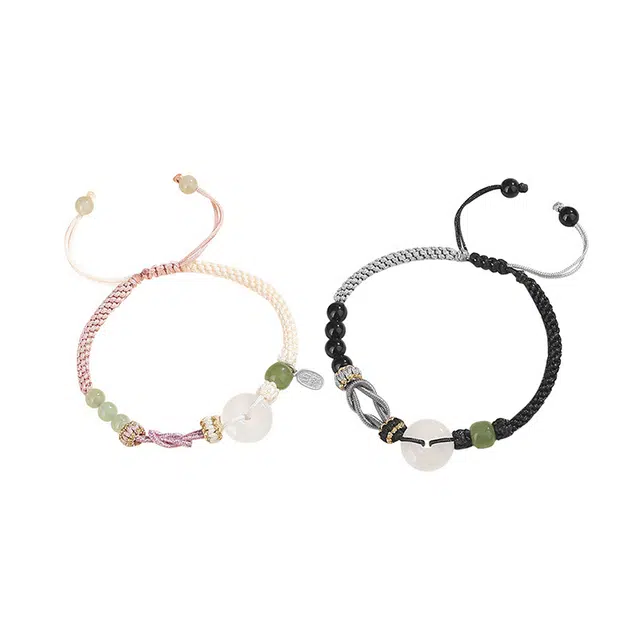 心草 山盟海誓平安扣手绳 新中式复古民族风轻奢小众高级感 和田玉 手链 男女同款情侣款 白玉