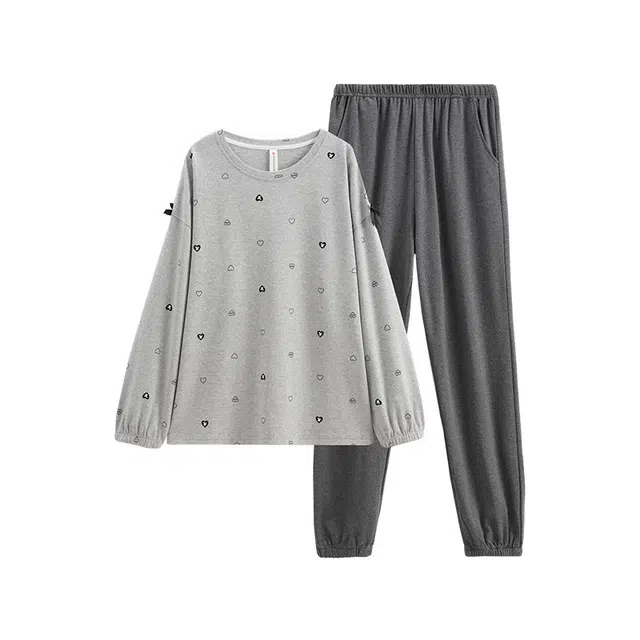 芬腾 长袖长裤圆领套头休闲全棉可外穿睡衣套装 女款 花灰