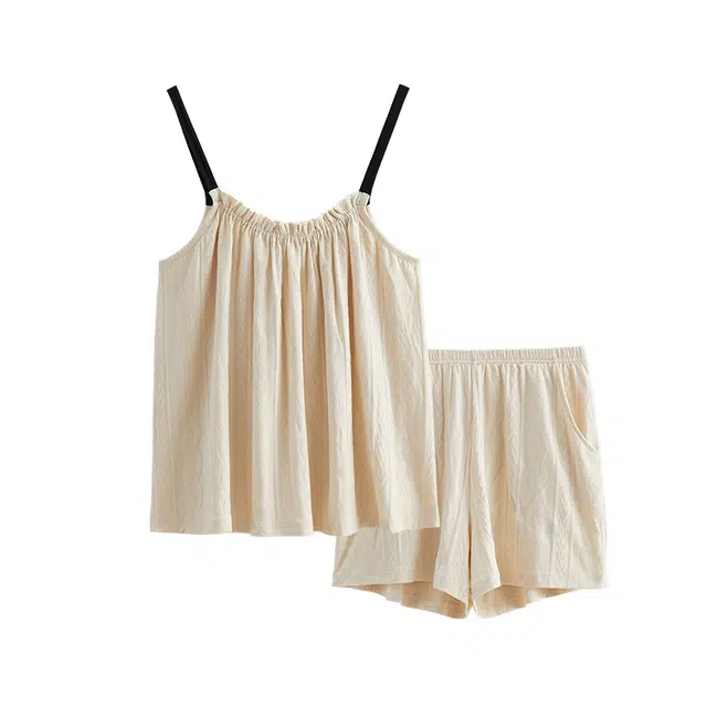 歌倩雅 纯色薄款无袖吊带松紧腰短裤睡衣套装 女款 米色