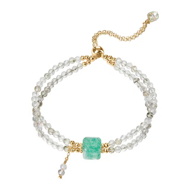 迷颂玛 时尚少女甜心手饰 民族风创意高级感时尚百搭森系小清新绿草莓晶方糖双圈叠戴首饰 节日纪念日饰品礼盒 水晶 小众手链 女款