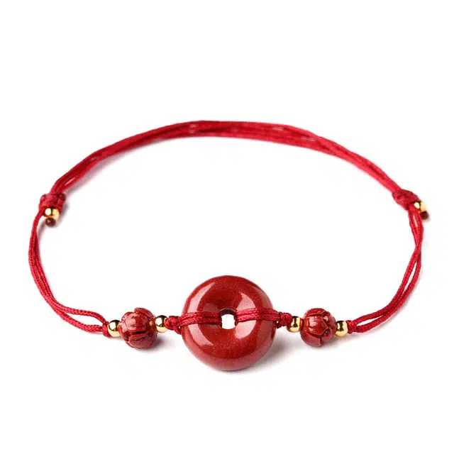 灵菲 平安扣红绳 新中式国潮复古转运 再造辰砂朱砂 玉石脚链 女款 礼盒