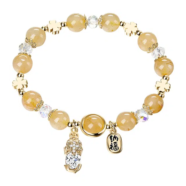 迷颂玛 平安招财貔貅黄发晶手链 森系小清新百搭时尚彩虹色幽灵串珠手串闺蜜高级感轻奢设计贵气纳福手饰 水晶 首饰 女款 精美礼品