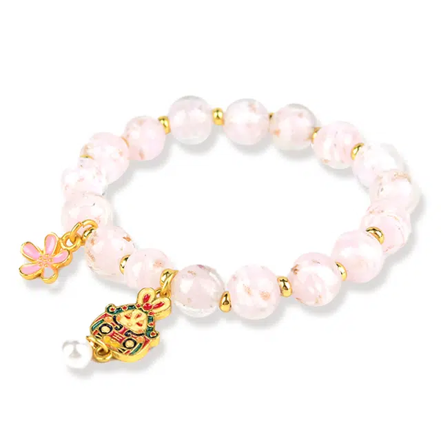 谧月珠宝 新国潮樱花兔爷儿桃花幸福吉祥如意 琉璃 玉石手串 女款