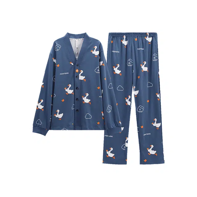 芬腾 简约字母翻领长袖上衣松紧腰直筒长裤睡衣套装 男款 牛仔兰