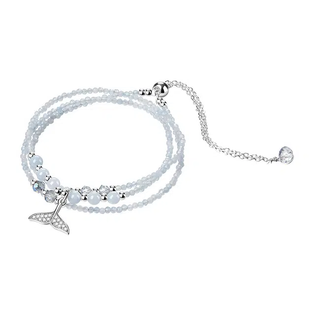 迷颂玛 夏季甜美清冷感手链 高级时尚设计感三圈叠戴首饰 闺蜜学生同款圆珠鱼尾少女抽拉式可调节海洋蓝手链 水晶 海蓝宝手串 女款