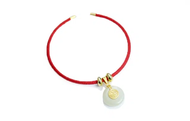 舒杰 油润白皙平安扣转运红绳 和田玉 和田玉手镯 男女同款情侣款 白玉