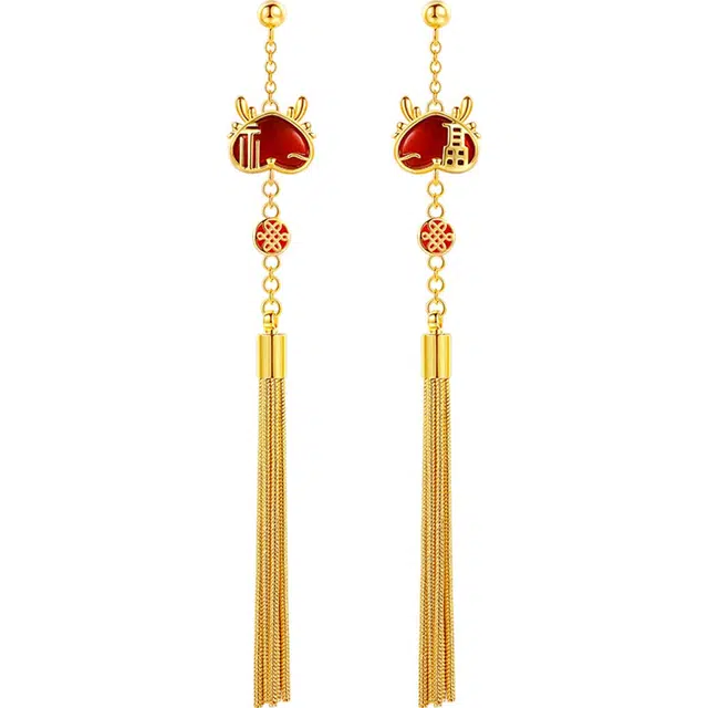 秦福炫 生肖龙 流苏 小众设计 红玛瑙  耳环 女款