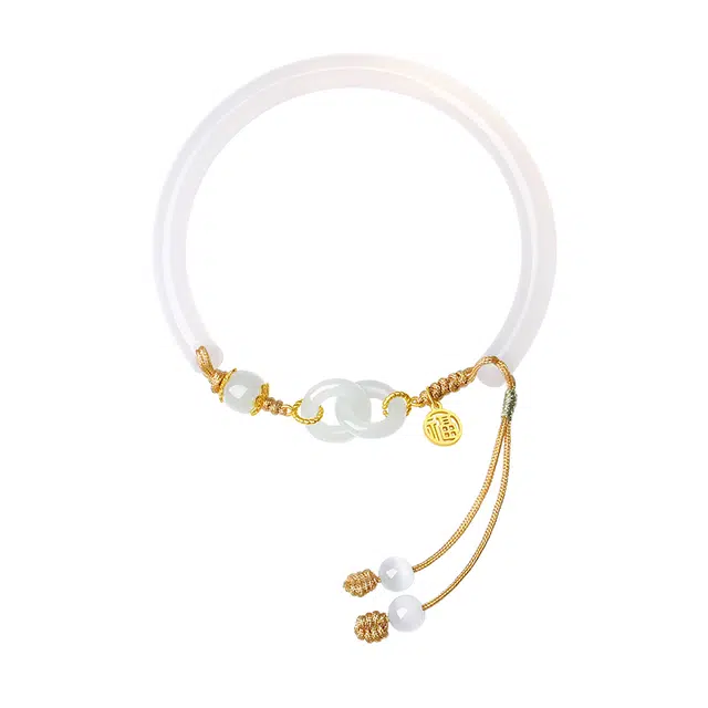 周大生 岁岁平安银镶和田玉平安扣花托底座福字牌国潮新中式手饰 玉髓 手镯 女款