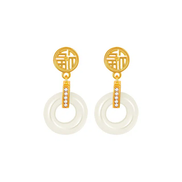 祝富礼 国潮福字平安扣圆环耳饰 古风转运招财优雅 复古小众设计纳福 玉髓 玉石耳环 男女同款情侣款