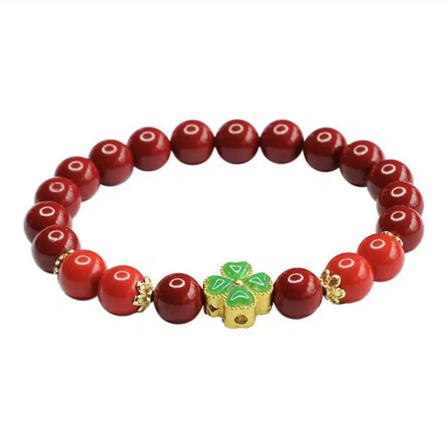 琉堇 中式四叶草转运串珠 国风本命年开运手饰 守护念珠 宫廷风招采纳福文玩佛珠 再造辰砂朱砂 玉石手串 男女同款情侣款