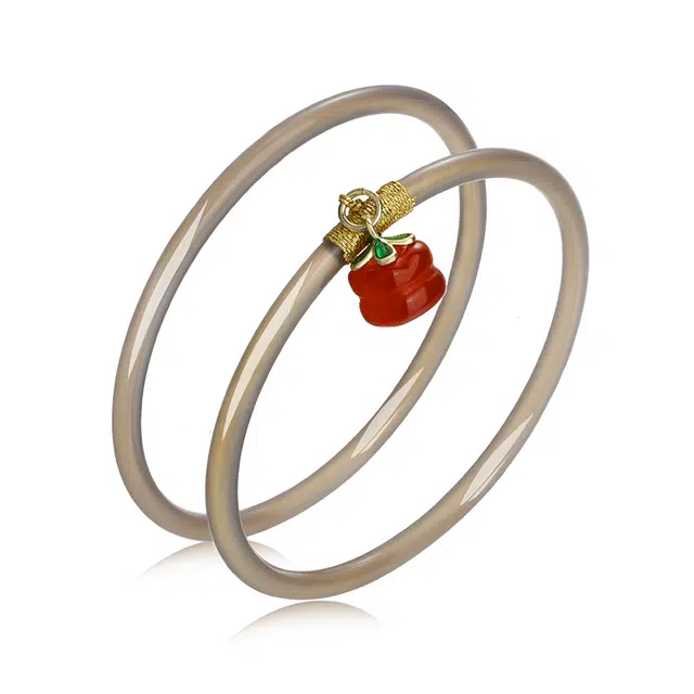 彗时 国潮风一步一响 事事如意柿子 小众设计国风古风素圈叠戴双层 玉髓 玉石手镯 女款