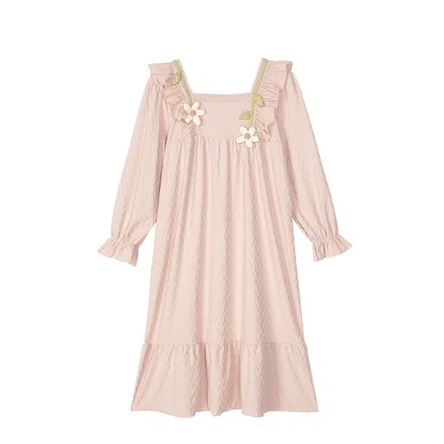 歌倩雅 甜美可爱方领中长款长袖睡裙 女款