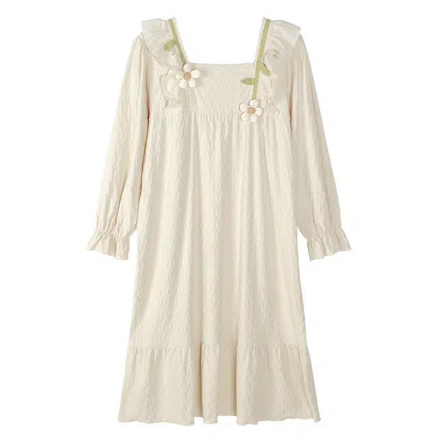 歌倩雅 长款简约甜美套头长袖睡裙 女款 杏色