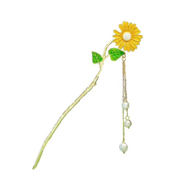 华髻 新中式黄色向日葵 国潮古风 高级感金属花朵流苏气质 旗袍配饰 发簪 女款