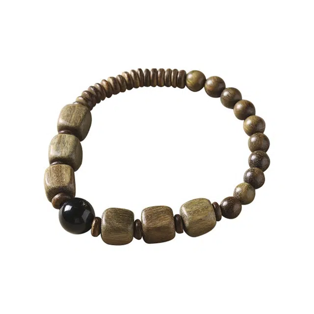 琉堇 复古方珠手饰 工艺编织曜石文玩念珠 古风复古单圈串珠 绿檀 手串 男女同款情侣款 檀木