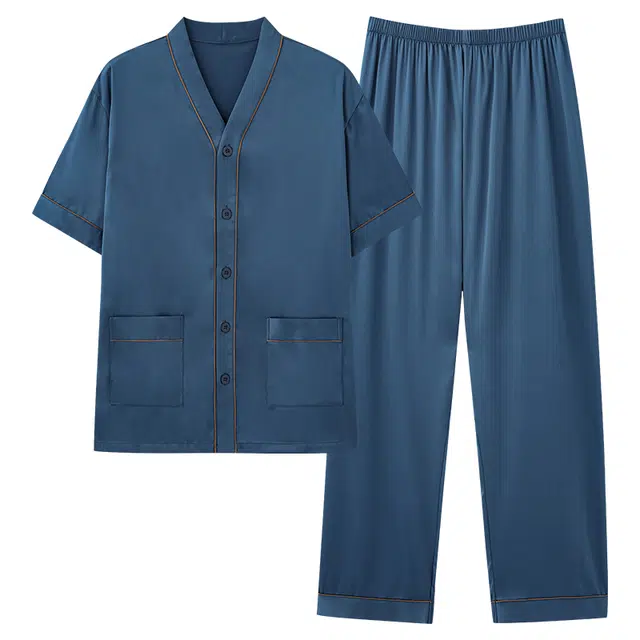 睦隆世家 短袖长裤纯色开衫睡衣套装 男款