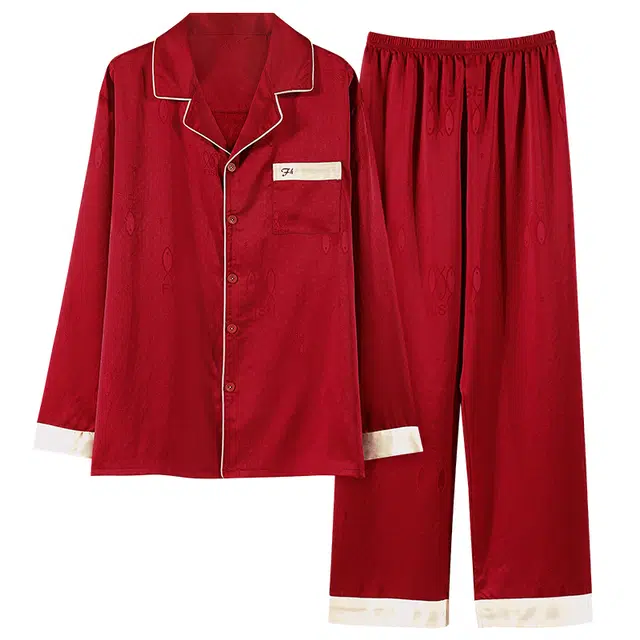 俏薇妮 拼接西装领长袖上衣低腰长裤睡衣套装 男女同款 红色