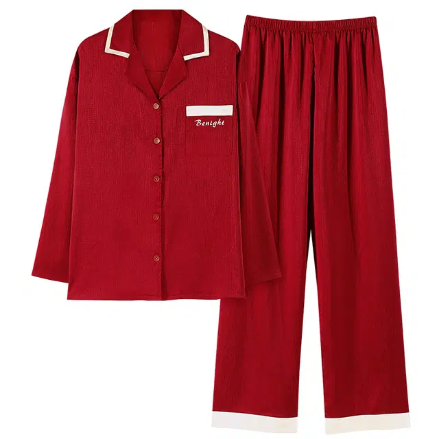 俏薇妮 拼色字母贴袋古巴领单排扣长袖长裤睡衣套装 女款 红色