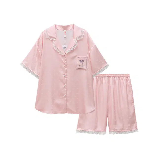 芬腾 女士睡衣夏季冰丝短袖开衫套装女款高级感休闲大码薄款家居服 睡衣套装 女款 珊瑚粉