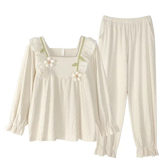 歌倩雅 长袖方领立体小花甜美时尚睡衣套装 女款 杏色