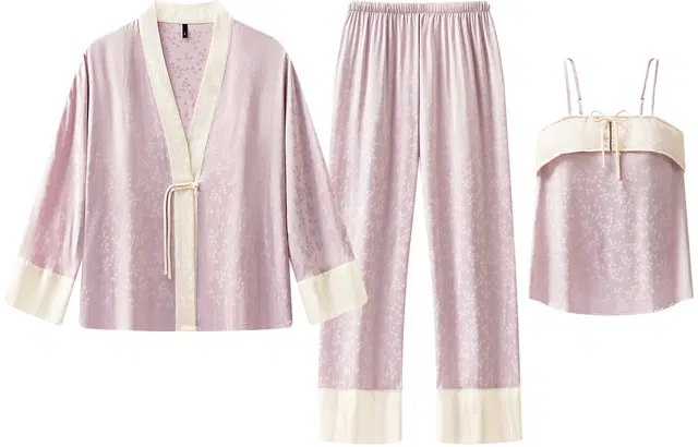 宫蝶 新中式系列 冰丝长袖三件套薄款吊带家居服中国风睡衣套装 女款