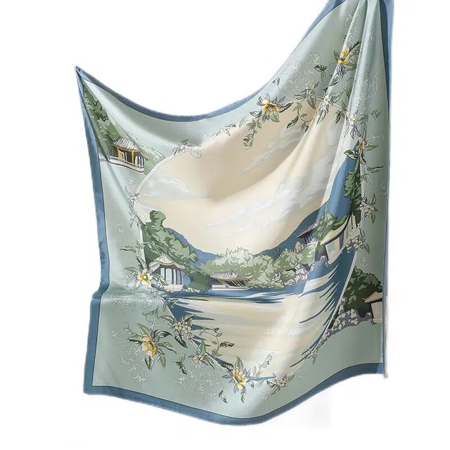 杭丝路 方巾手工卷边 湖光山色 丝巾 男女同款情侣款