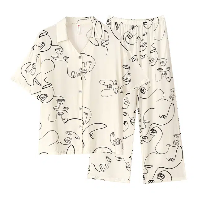 歌倩雅 翻领满印正肩上衣透气凉感下衣睡衣套装 女款 白色