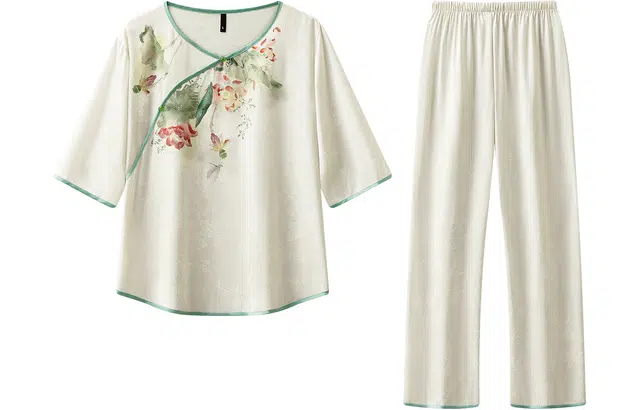 宫蝶 新中式系列 冰丝薄款半袖家居服中国风长裤睡衣套装 女款 杏色