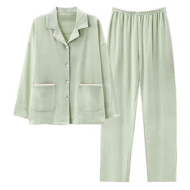 欧迪芬 撞色翻领口袋上衣纯色透气裤子睡衣套装 女款 淡青色