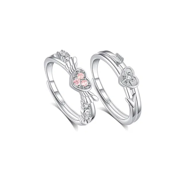 华髻 新中式恋爱告白一对心吻指尖爱心翅膀比翼双飞一箭穿心可调节#甜蜜示爱#浪漫气质开口戒 锆石 戒指 男女同款情侣款