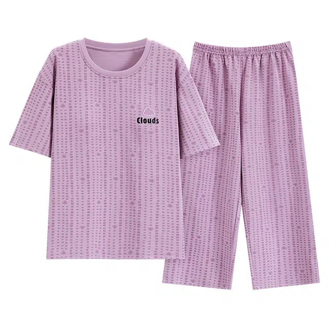 睦隆世家 圆领字母上衣松紧腰七分裤睡衣套装 女款 紫色