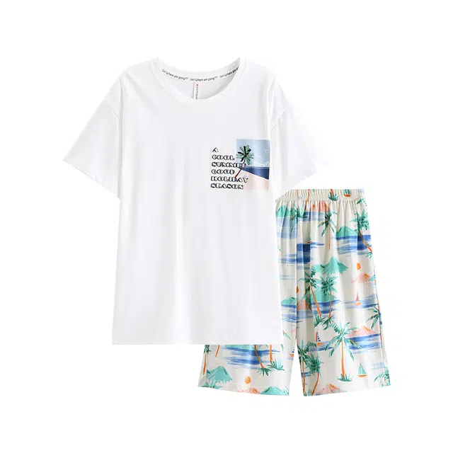 芬腾 短袖圆领套头上衣松紧裤可外穿睡衣套装 男款 优雅白