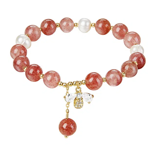 迷颂玛 时尚简约草莓粉晶手链 轻奢贵气气质中国风首饰 纪念日仪式感小众百搭精致招财转运招桃花蜜蜂手链礼品 水晶 玉石手串 女款