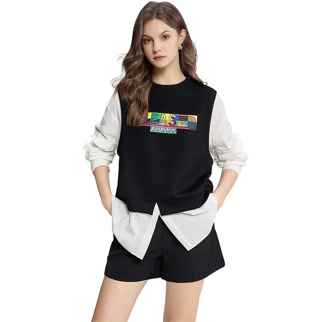 她池 撞色拼接圆领长袖木耳边上衣假两件衬衫 女款 黑拼白色