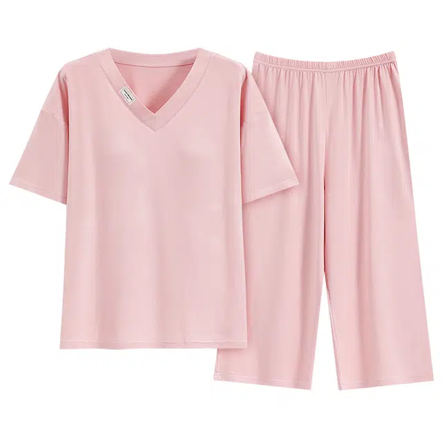 睦隆世家 外穿圆领短袖带胸垫上衣七分裤睡衣套装 女款 粉红色