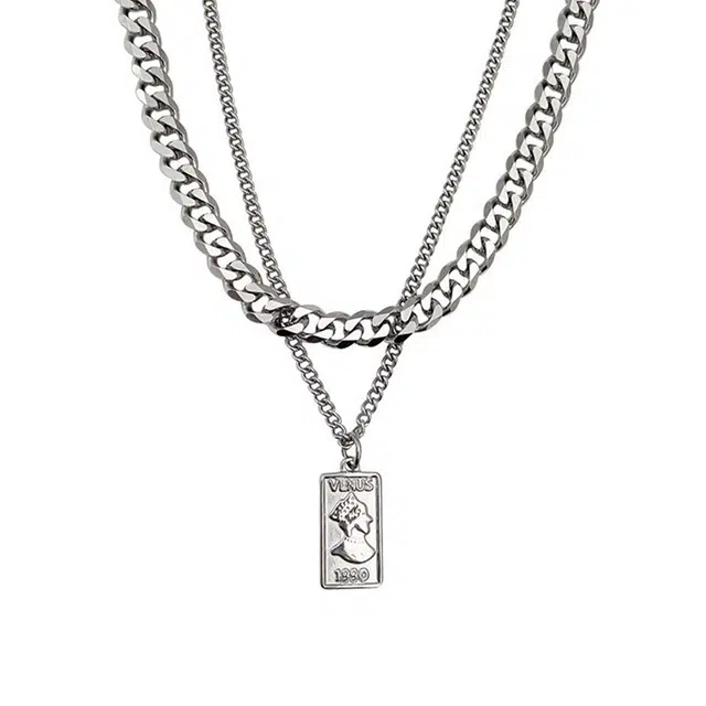 白卷 复古 人头双面嘻哈方牌 钛钢 项链 男女同款情侣款