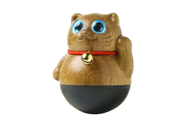 檀欣 新中式 呆萌小猫不倒翁文玩摆件 金丝楠 黑檀木 木作手把件 男女同款情侣款 楠木 礼盒装