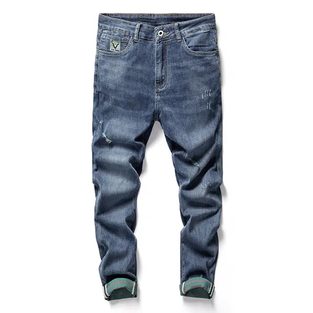 雅鹿 宽松直筒破洞中腰牛仔裤 男款 蓝色