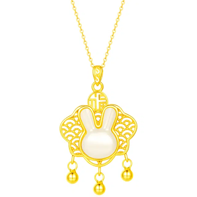 周大生 精致银镶玉小仙兔新中式锁骨链 和田玉 项链 女款 青白玉