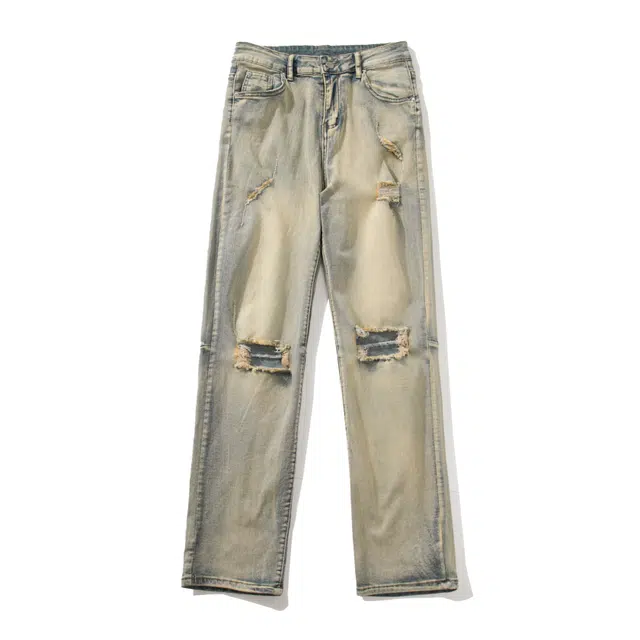 雅鹿 中腰宽松破洞牛仔裤 男女同款 泥黄色